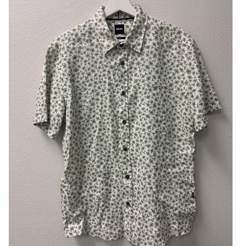 BOSS Button Up Mens Medium White Green Floral Stretch Linen Short Sleeve